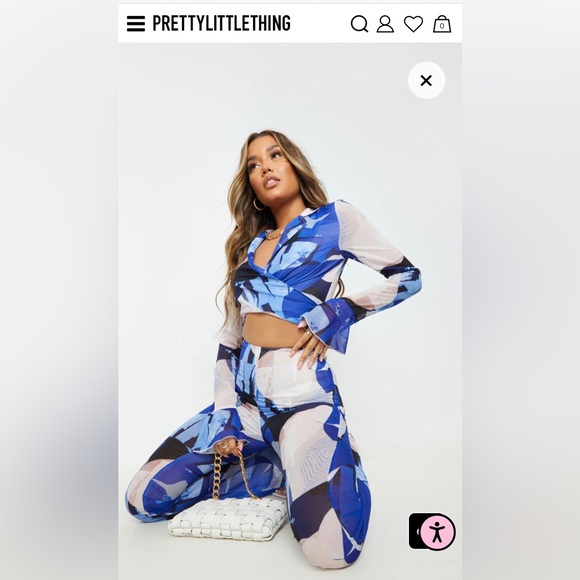 Cobalt Abstract Print Chiffon Tie Front Cropped Shirt - Picture 2 of 3